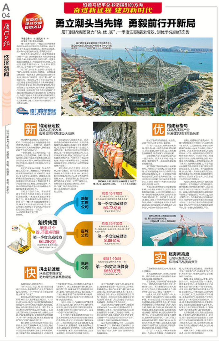 20220415【黨辦】廈門日報(bào)：勇立潮頭當(dāng)先鋒  勇毅前行開新局—— 廈門路橋集團(tuán)聚力“快、優(yōu)、實(shí)”，一季度實(shí)現(xiàn)提速增效、創(chuàng)優(yōu)爭先良好態(tài)勢_調(diào)整大小.png